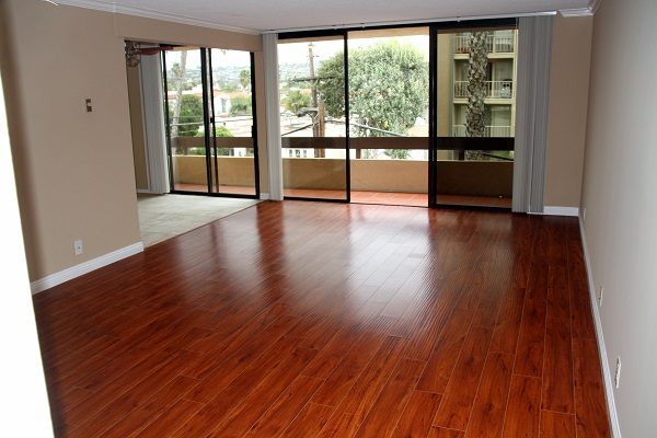 Huge living room with hardwood floors opening to extra large balcony